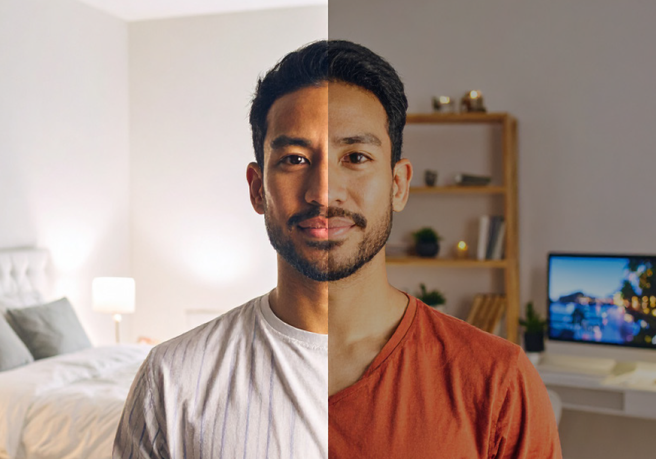 Image collage of a person between bedroom and office