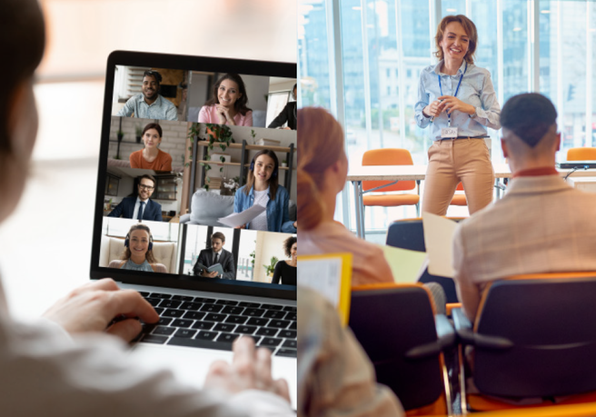 Laptop showing video conference and presentation to a group in an office